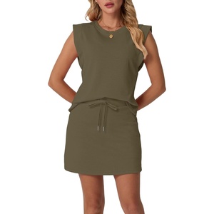 image:imageGRECERELLE 2026 Womens Summer 2 Piece Skort Set Cap Sleeve Round Neck Top amp Tennis Skirt with Pockets for Athletic amp CasualArmy Green