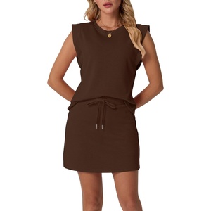 image:imageGRECERELLE 2026 Womens Summer 2 Piece Skort Set Cap Sleeve Round Neck Top amp Tennis Skirt with Pockets for Athletic amp CasualDark Coffee