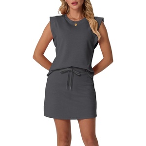 image:imageGRECERELLE 2026 Womens Summer 2 Piece Skort Set Cap Sleeve Round Neck Top amp Tennis Skirt with Pockets for Athletic amp CasualDark Gray