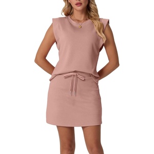 image:imageGRECERELLE 2026 Womens Summer 2 Piece Skort Set Cap Sleeve Round Neck Top amp Tennis Skirt with Pockets for Athletic amp CasualDeep Pink