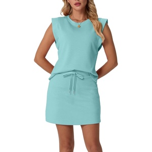 image:imageGRECERELLE 2026 Womens Summer 2 Piece Skort Set Cap Sleeve Round Neck Top amp Tennis Skirt with Pockets for Athletic amp CasualLight Blue