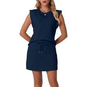 image:imageGRECERELLE 2026 Womens Summer 2 Piece Skort Set Cap Sleeve Round Neck Top amp Tennis Skirt with Pockets for Athletic amp CasualNavy Blue