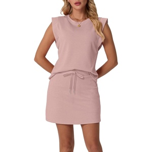 image:imageGRECERELLE 2026 Womens Summer 2 Piece Skort Set Cap Sleeve Round Neck Top amp Tennis Skirt with Pockets for Athletic amp CasualRose Pink