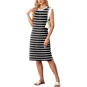 image:imageGRECERELLE 2026 Womens Summer Casual WrinkleFree Midi Dress with PocketsBlack White Strip