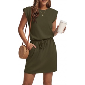 image:imageGRECERELLE 2026 Womens Summer Tie Waist Casual T Shirt Dress with PocketsArmy Green
