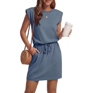 image:imageGRECERELLE 2026 Womens Summer Tie Waist Casual T Shirt Dress with PocketsDenim Blue