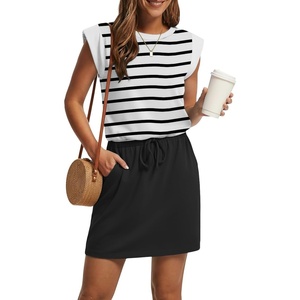 image:imageGRECERELLE 2026 Womens Summer Tie Waist Casual T Shirt Dress with PocketsWhite Black Stripe