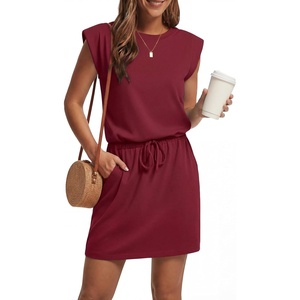 image:imageGRECERELLE 2026 Womens Summer Tie Waist Casual T Shirt Dress with PocketsWine Red