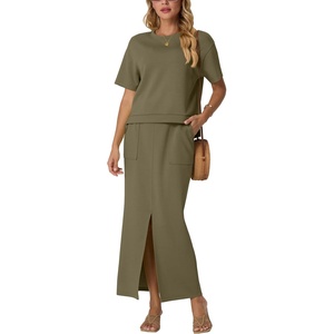 image:imageGRECERELLE 2026 Womens Summer WrinkleFree 2 Piece Skirt Sets with PocketsArmy Green
