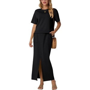 image:imageGRECERELLE 2026 Womens Summer WrinkleFree 2 Piece Skirt Sets with PocketsBlack