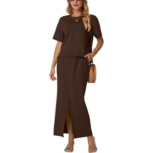 image:imageGRECERELLE 2026 Womens Summer WrinkleFree 2 Piece Skirt Sets with PocketsDark Coffee