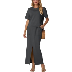 image:imageGRECERELLE 2026 Womens Summer WrinkleFree 2 Piece Skirt Sets with PocketsDark Gray