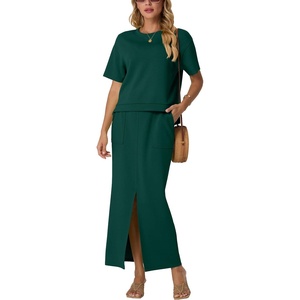 image:imageGRECERELLE 2026 Womens Summer WrinkleFree 2 Piece Skirt Sets with PocketsDark Green