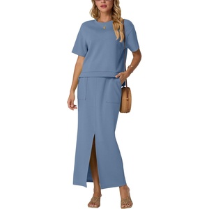 image:imageGRECERELLE 2026 Womens Summer WrinkleFree 2 Piece Skirt Sets with PocketsDenim Blue