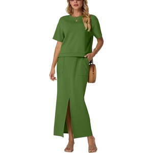 image:imageGRECERELLE 2026 Womens Summer WrinkleFree 2 Piece Skirt Sets with PocketsDill Green