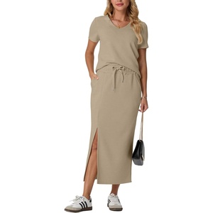 image:imageGRECERELLE 2026 Womens Summer WrinkleFree 2 Piece Skirt Sets with PocketsKhaki