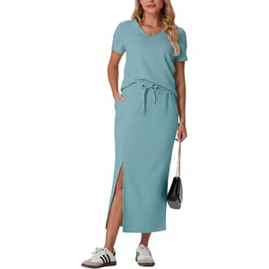 image:imageGRECERELLE 2026 Womens Summer WrinkleFree 2 Piece Skirt Sets with PocketsLight Blue