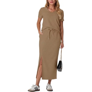 image:imageGRECERELLE 2026 Womens Summer WrinkleFree 2 Piece Skirt Sets with PocketsLight Coffee