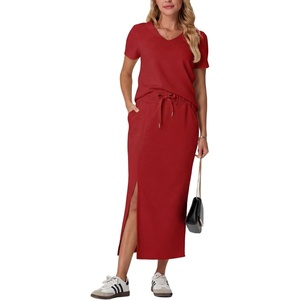 image:imageGRECERELLE 2026 Womens Summer WrinkleFree 2 Piece Skirt Sets with PocketsRed