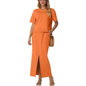 image:imageGRECERELLE 2026 Womens Summer WrinkleFree 2 Piece Skirt Sets with PocketsVibrant Orange