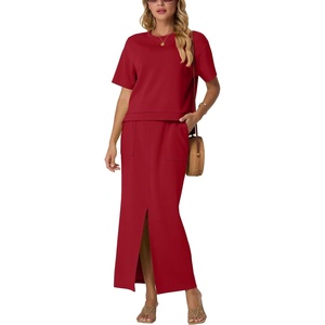 image:imageGRECERELLE 2026 Womens Summer WrinkleFree 2 Piece Skirt Sets with PocketsWine Red