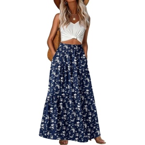 image:imageGRECERELLE Maxi Skirts for Women High Waist Tiered with PocketsBlue Small Flower