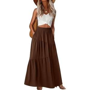 image:imageGRECERELLE Maxi Skirts for Women High Waist Tiered with PocketsBrown