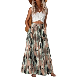 image:imageGRECERELLE Maxi Skirts for Women High Waist Tiered with PocketsCamou Green Pink