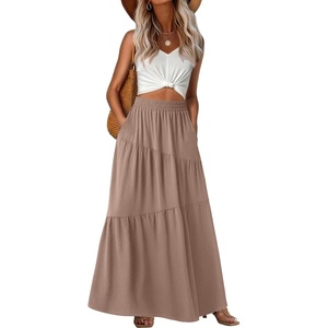 image:imageGRECERELLE Maxi Skirts for Women High Waist Tiered with PocketsCoffee Gray