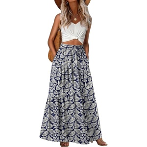 image:imageGRECERELLE Maxi Skirts for Women High Waist Tiered with PocketsDark Blue Palm Leaf