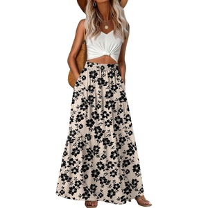 image:imageGRECERELLE Maxi Skirts for Women High Waist Tiered with PocketsKhaki Black Flower
