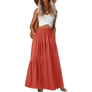 image:imageGRECERELLE Maxi Skirts for Women High Waist Tiered with PocketsLiving Coral