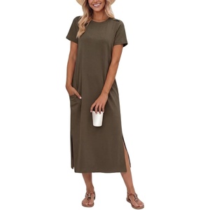 image:imageGRECERELLE Midi Dresses for Women  WrinkleFree Crewneck Split Long Dress for Work Travel Casual Versatile with PocketArmy Green