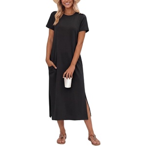 image:imageGRECERELLE Midi Dresses for Women  WrinkleFree Crewneck Split Long Dress for Work Travel Casual Versatile with PocketBlack