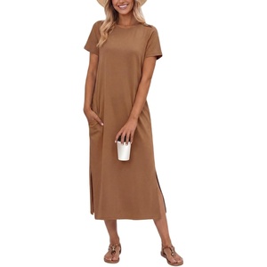 image:imageGRECERELLE Midi Dresses for Women  WrinkleFree Crewneck Split Long Dress for Work Travel Casual Versatile with PocketCamel