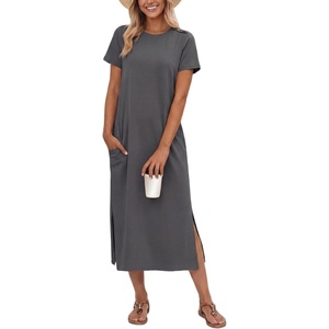 image:imageGRECERELLE Midi Dresses for Women  WrinkleFree Crewneck Split Long Dress for Work Travel Casual Versatile with PocketDark Gray