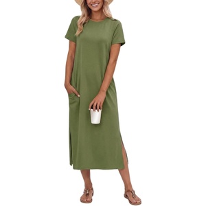 image:imageGRECERELLE Midi Dresses for Women  WrinkleFree Crewneck Split Long Dress for Work Travel Casual Versatile with PocketDill Green
