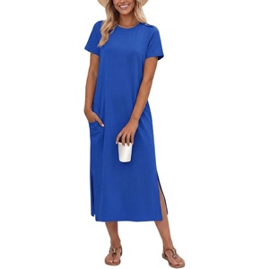 image:imageGRECERELLE Midi Dresses for Women  WrinkleFree Crewneck Split Long Dress for Work Travel Casual Versatile with PocketRoyal Blue
