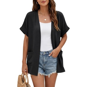 image:imageGRECERELLE Short Sleeve Cardigan for Women Lightweight Summer with Pockets Open Front Casual Beach Cover Ups 2026Ablack