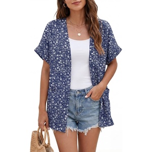 image:imageGRECERELLE Short Sleeve Cardigan for Women Lightweight Summer with Pockets Open Front Casual Beach Cover Ups 2026Blue Small Flower