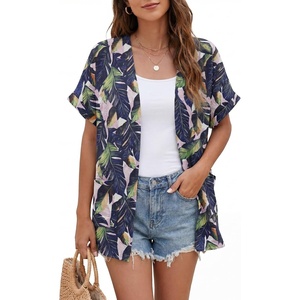 image:imageGRECERELLE Short Sleeve Cardigan for Women Lightweight Summer with Pockets Open Front Casual Beach Cover Ups 2026Colorful Banana Leaf