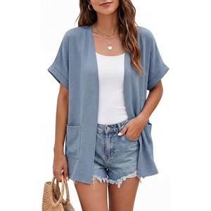 image:imageGRECERELLE Short Sleeve Cardigan for Women Lightweight Summer with Pockets Open Front Casual Beach Cover Ups 2026Haze Blue
