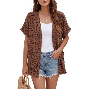 image:imageGRECERELLE Short Sleeve Cardigan for Women Lightweight Summer with Pockets Open Front Casual Beach Cover Ups 2026Leopard Print Coffee