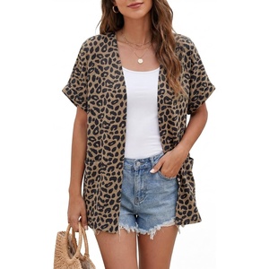 image:imageGRECERELLE Short Sleeve Cardigan for Women Lightweight Summer with Pockets Open Front Casual Beach Cover Ups 2026Leopard Print Dark Khaki