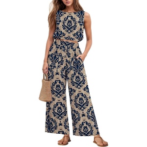 image:imageGRECERELLE Two Piece Sets for Women Summer Crop Top Wide Leg Pants 2026Apricot Blue Flower