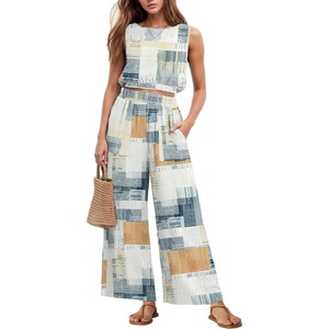 image:imageGRECERELLE Two Piece Sets for Women Summer Crop Top Wide Leg Pants 2026Beige Gray Geometry