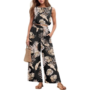 image:imageGRECERELLE Two Piece Sets for Women Summer Crop Top Wide Leg Pants 2026Black Palm Leaf