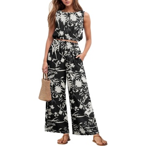 image:imageGRECERELLE Two Piece Sets for Women Summer Crop Top Wide Leg Pants 2026Black White Branch
