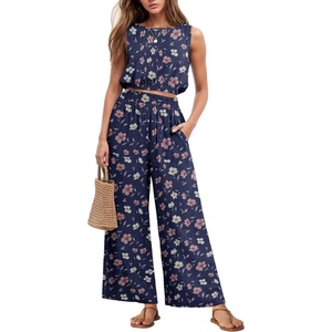 image:imageGRECERELLE Two Piece Sets for Women Summer Crop Top Wide Leg Pants 2026Blue Pink Wh Flower
