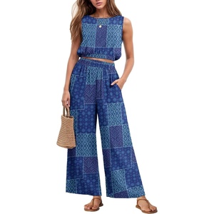 image:imageGRECERELLE Two Piece Sets for Women Summer Crop Top Wide Leg Pants 2026Blue Purple Patch